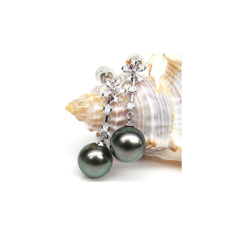 Création Boucles d'oreilles fleurs - Perles de Tahiti - Pendants or blanc, diamants - 2