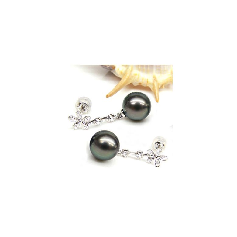Création Boucles d'oreilles fleurs - Perles de Tahiti - Pendants or blanc, diamants - 4