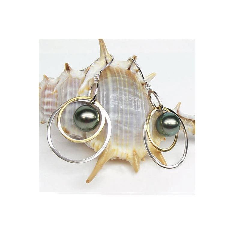 Boucles oreilles en Perles de Tahiti. 2 anneaux or blanc et jaune. Samothrace - 1