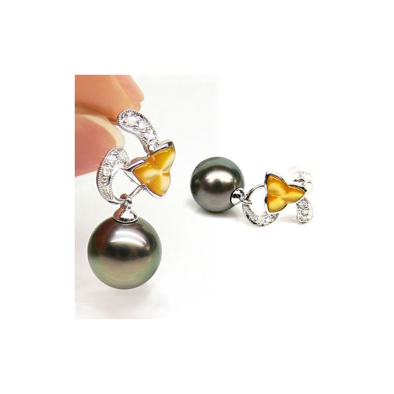 Boucles d'oreilles nacre doree - Perles de Tahiti - Or blanc, diamant - 2