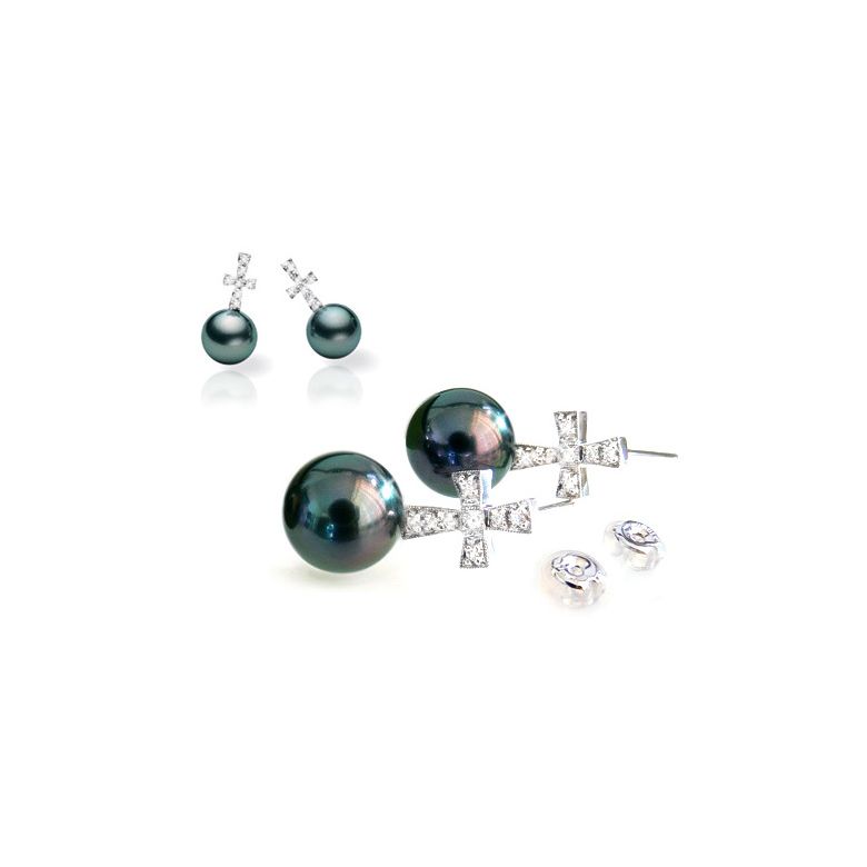 Boucles d'oreilles croix - Perles de culture - Tahiti - Or blanc - Diamants - 1