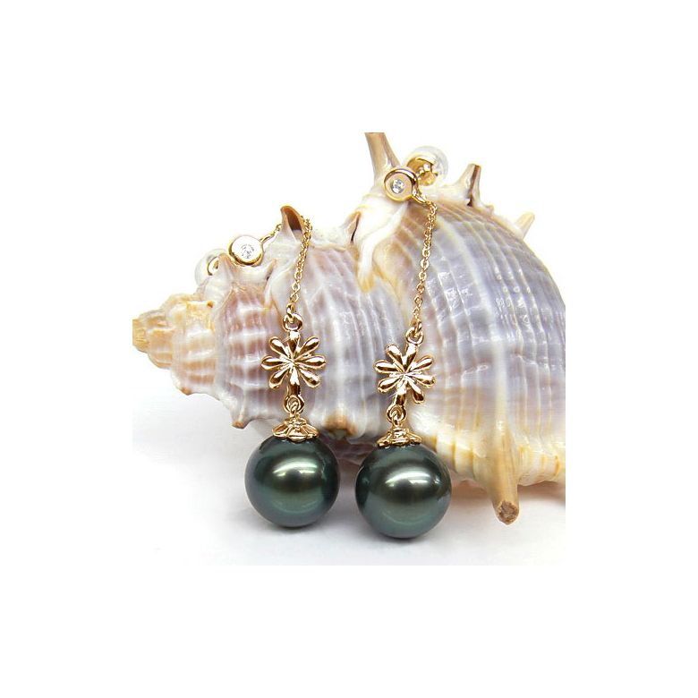 Boucles oreilles fleurs naturelles - Chainettes or jaune - Perles Tahiti - 2