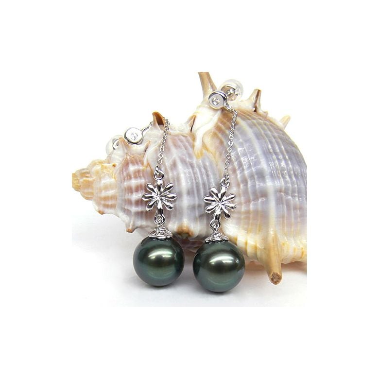 Boucles oreilles fleurs naturelles - Chainettes or blanc - Perles Tahiti - 2