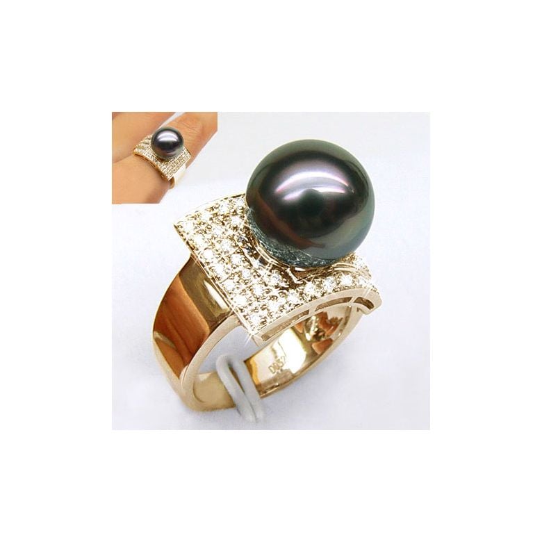 Bague style opulent - Perle Tahiti noire, bronze - Or jaune, diamants - 2
