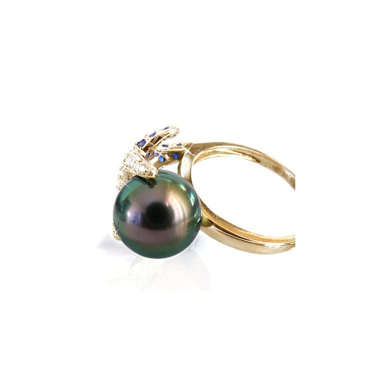 Bague étoile de mer - Perle de Tahiti - Or jaune, diamants, saphirs - 4