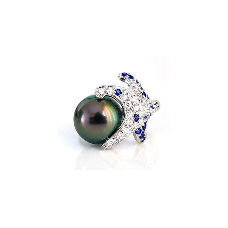 Bague étoile de mer - Perle de Tahiti - Or blanc, diamants, saphirs - 1