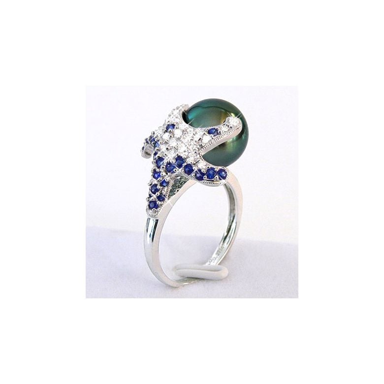 Bague étoile de mer - Perle de Tahiti - Or blanc, diamants, saphirs - 3