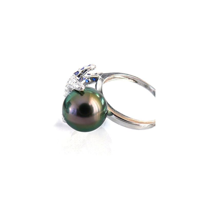 Bague étoile de mer - Perle de Tahiti - Or blanc, diamants, saphirs - 4