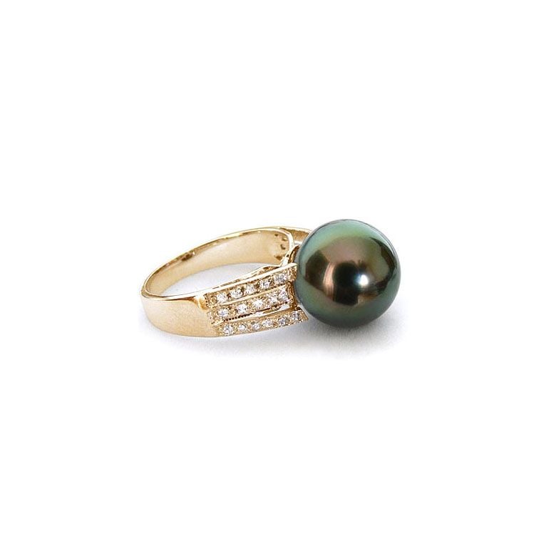 Bague perle de Tahiti - Or jaune - Pavage diamants micro sertis - 1