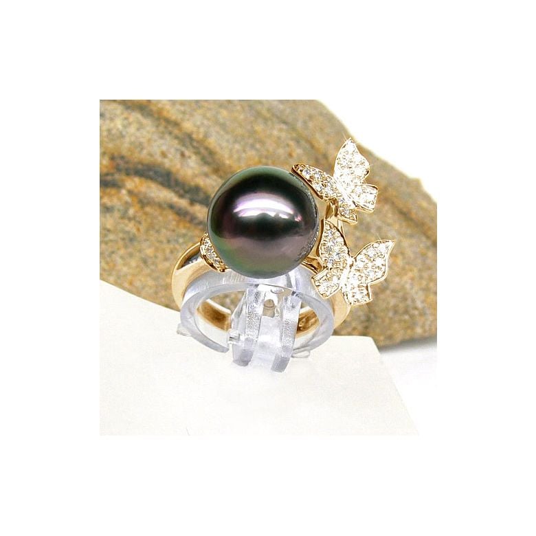 Bague gracieux - Perle de Tahiti - Or jaune, diamants - 2