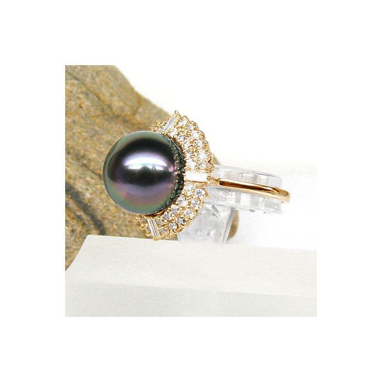 Bague auréolée de diamants - Perle de Tahiti paon rosée - Or jaune - 2