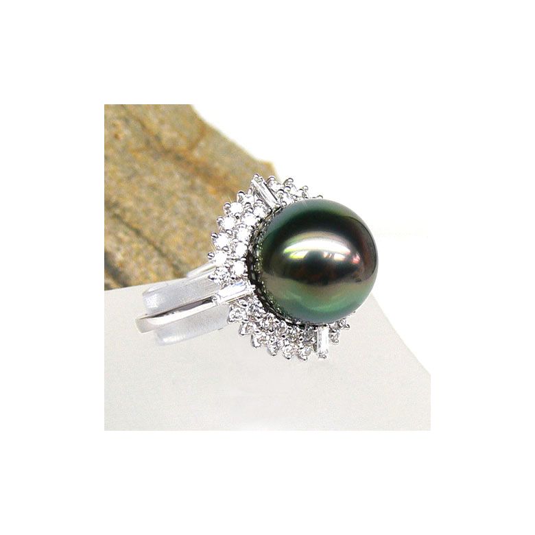 Bague auréolée de diamants - Perle de Tahiti paon rosée - Or blanc - 2