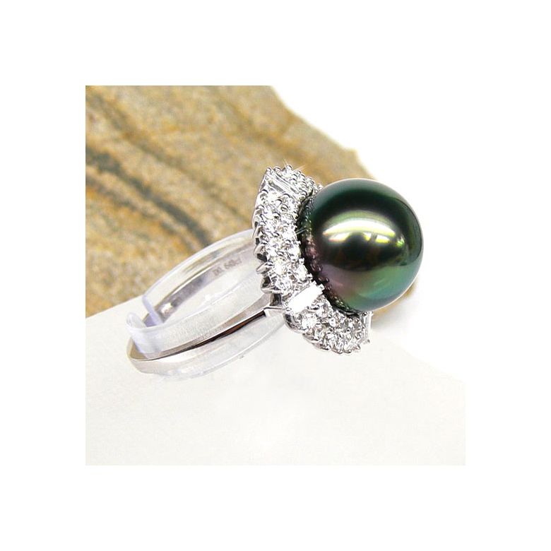 Bague auréolée de diamants - Perle de Tahiti paon rosée - Or blanc - 3