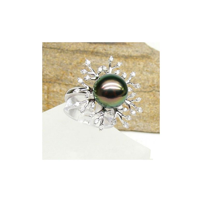 Bague de luxe - Récifs coralliens - Perle de Tahiti, or blanc, diamants - 4
