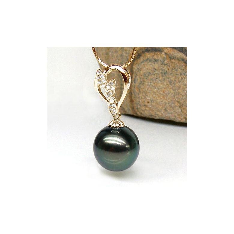 Pendentif pétales d'or jaune - Diamants pavés - Perle de Tahiti - 2