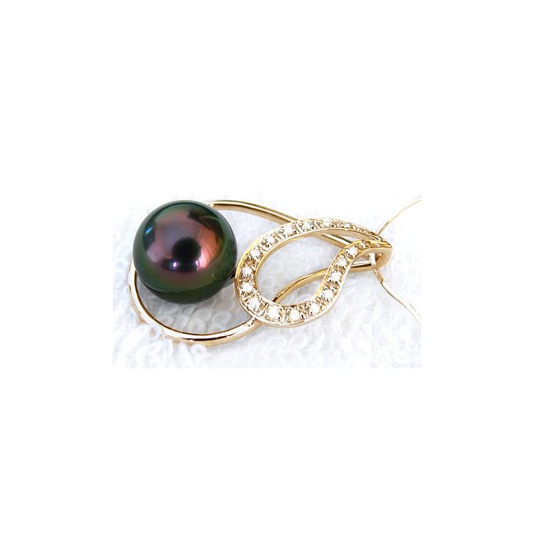 Pendentif Alara I Perle de Tahiti paon aubergine. Or jaune, diamants - 2