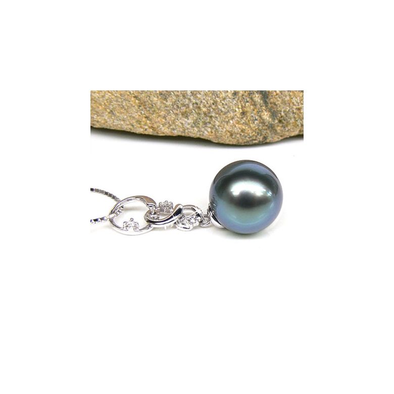 Pendentif Eubée I 3 anneaux Or blanc, diamants, Perle Tahiti - 2