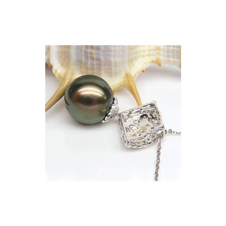 Pendentif perle de Tahiti - Or blanc - Diamants princesses, brillants - 2
