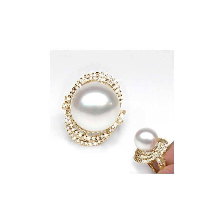 Bague perle d'Australie - Pavage diamants luminescents - Or jaune - 2