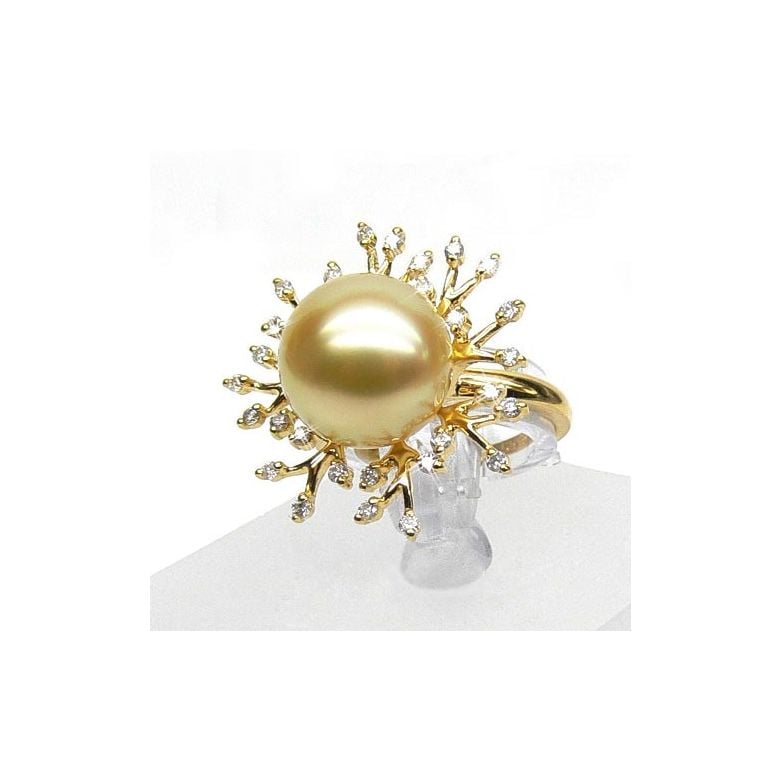 Bague luxe - Branche corail - Perle d'Australie, or jaune, diamants - 3