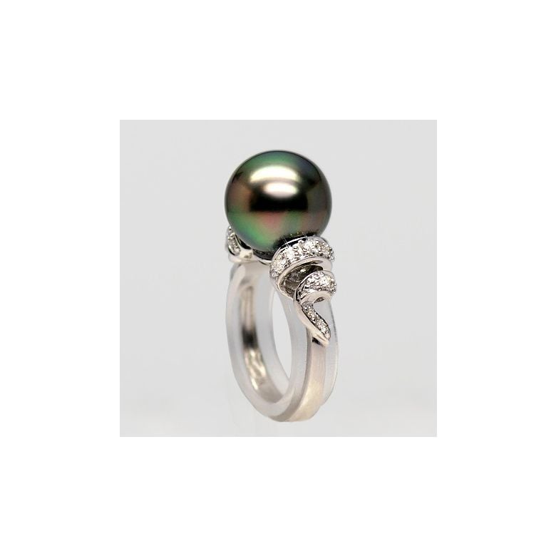 Bague or blanc stylée 2 époques - Perle Tahiti émeraude rosée, Diamants - 2