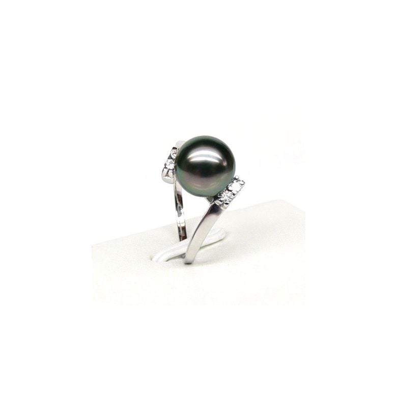 Bague solitaire ondulée - Perle de Tahiti - Or blanc, diamants - 4