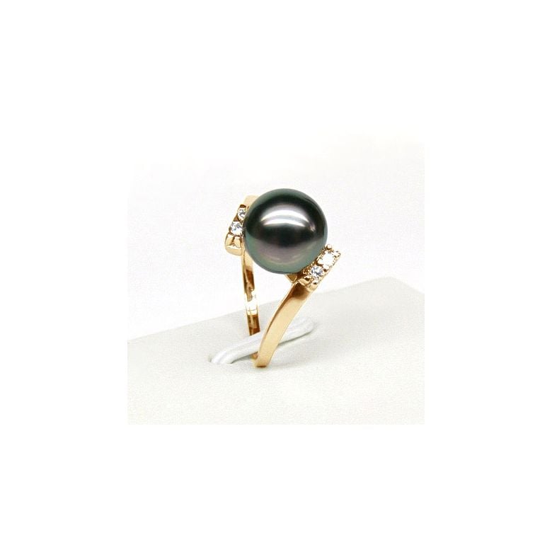 Bague solitaire ondulée - Perle de Tahiti - Or jaune, diamants - 3