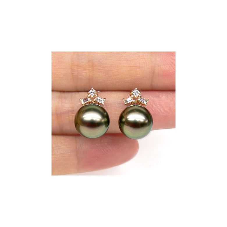 Boucles oreilles perles Tahiti - Or jaune - Diamants ronds, émeraudes - 2
