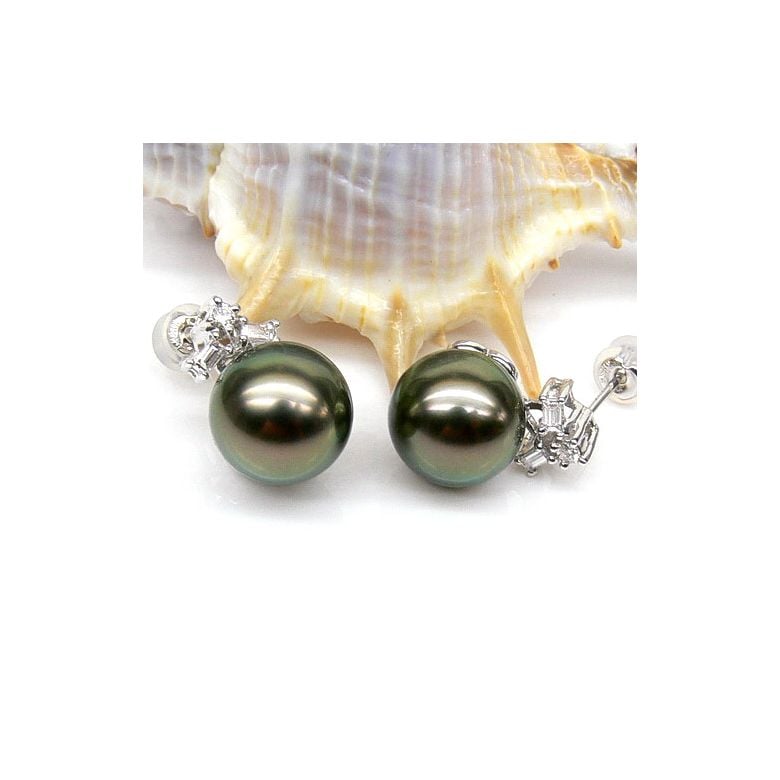 Boucles oreilles perles Tahiti - Or blanc - Diamants ronds, émeraudes - 3