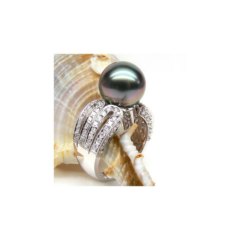Bague de joaillerie - Luxe - Perle de Tahiti - Or blanc, diamants - 3