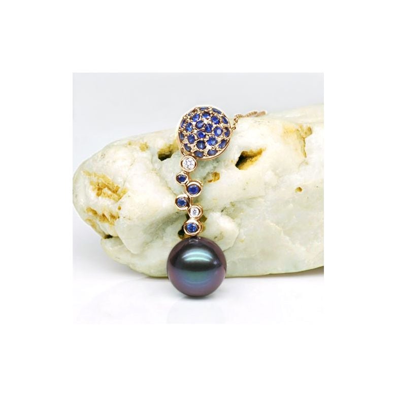 Pendentif boule de saphirs - Diamants - Perle de Tahiti, or jaune - 2