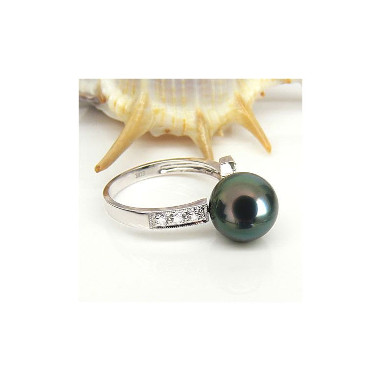 Bague croix romaine - Perle de Tahiti noire paon - Or blanc, diamants - 5