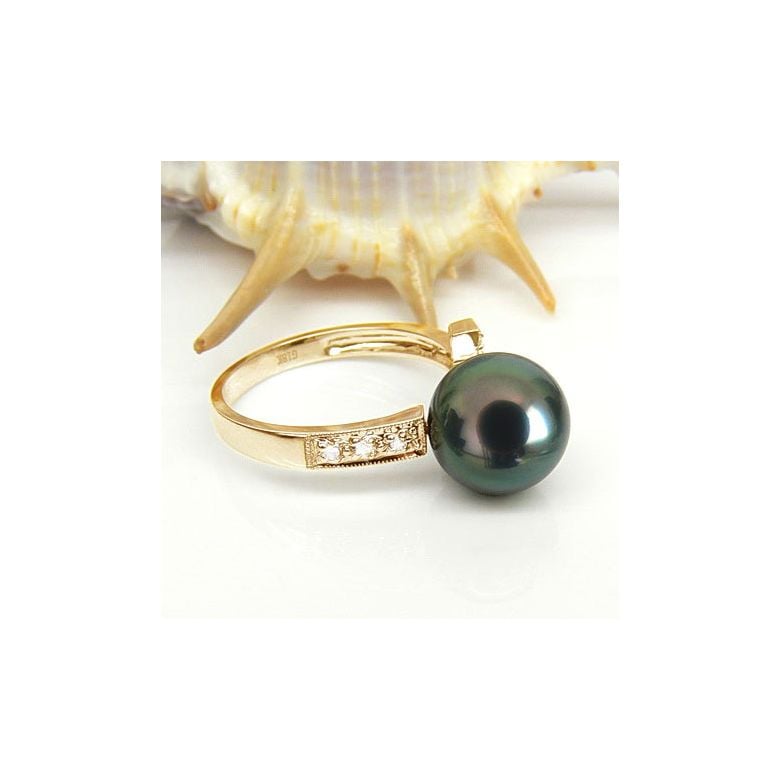 Bague croix romaine - Perle de Tahiti noire paon - Or jaune, diamants - 3