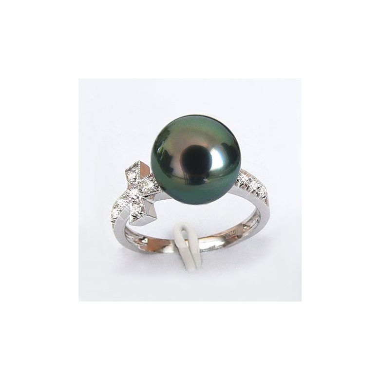 Bague croix romaine - Perle de Tahiti noire paon - Or blanc, diamants - 4
