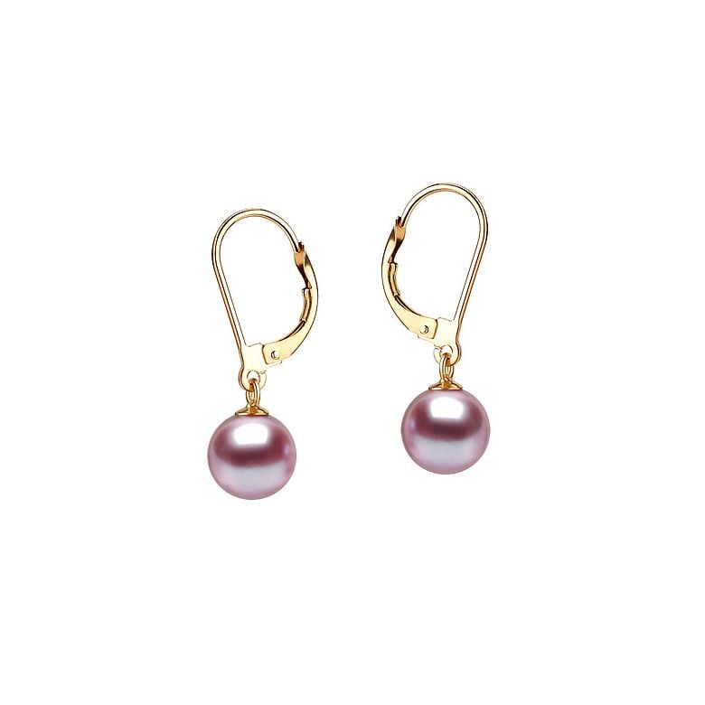 Boucles d'oreilles or jaune type dormeuse - Perles lavandes - 8/8.5mm - 1