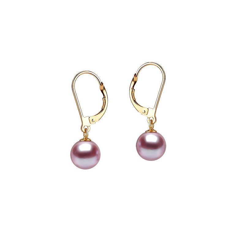 Boucles oreilles dormeuse or jaune. Perles de culture lavandes - 2