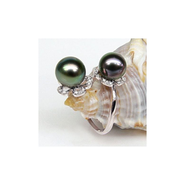 Bague You and Me - Perles Tahiti vertes, aubergines - Or blanc, diamants - 2