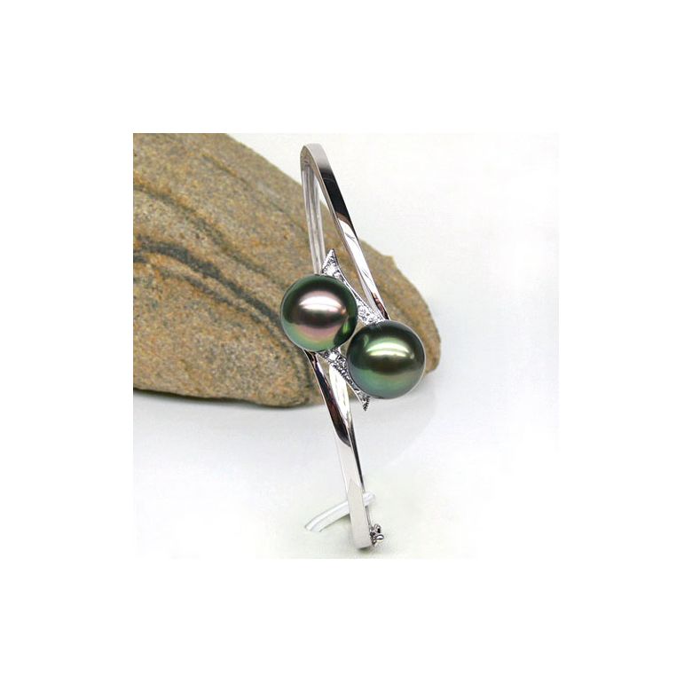 Bracelet jonc or blanc diamants - Perles Tahiti tons paons aubergines - 3