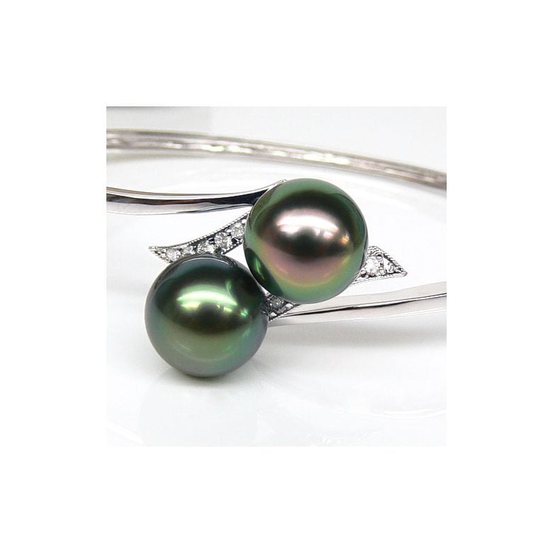 Bracelet jonc or blanc diamants - Perles Tahiti tons paons aubergines - 4