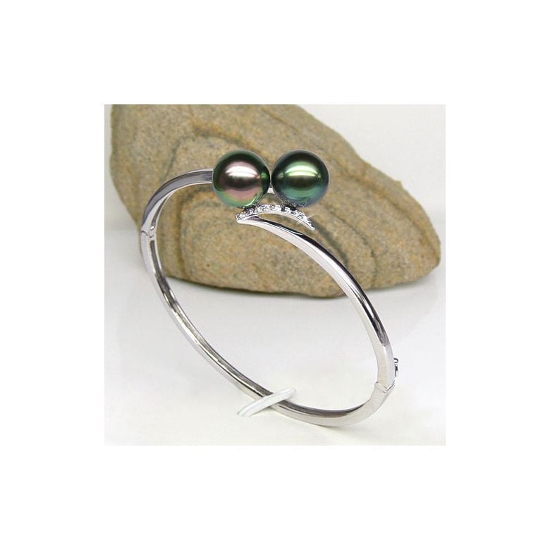 Bracelet jonc or blanc diamants - Perles Tahiti tons paons aubergines - 5