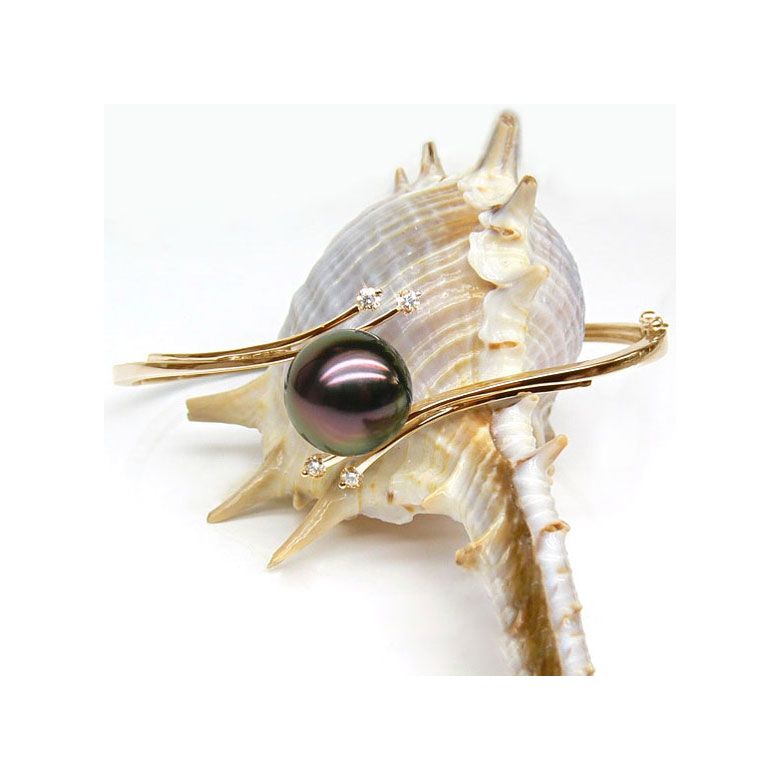 Bracelet jonc or jaune - Perle de Tahiti noire - 11/11.5mm, Top GEMME - 2