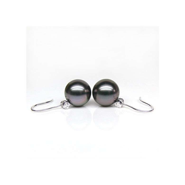 Boucles oreilles crochets - Perles de Tahiti - Or blanc, diamant - 2