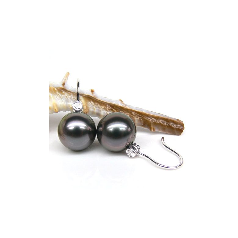 Boucles oreilles crochets - Perles de Tahiti - Or blanc, diamant - 3
