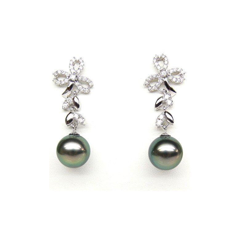 Boucles oreilles or blanc - Perles de Tahiti - Diamants - Composition florale - 2