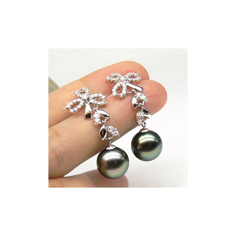 Boucles oreilles or blanc - Perles de Tahiti - Diamants - Composition florale - 5