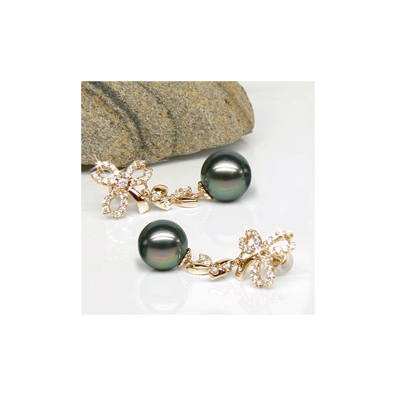 Boucles oreilles or jaune - Perles de Tahiti - Diamants - Composition florale - 3