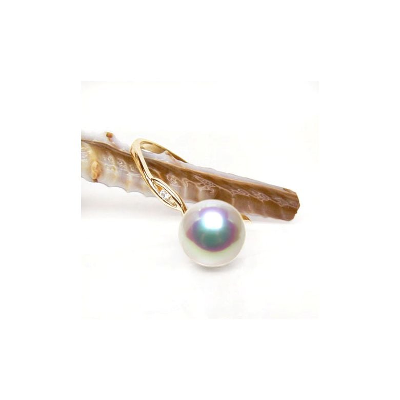 Bague or jaune - Perle Akoya blanche Japon - Diamants sertis rails  - 3
