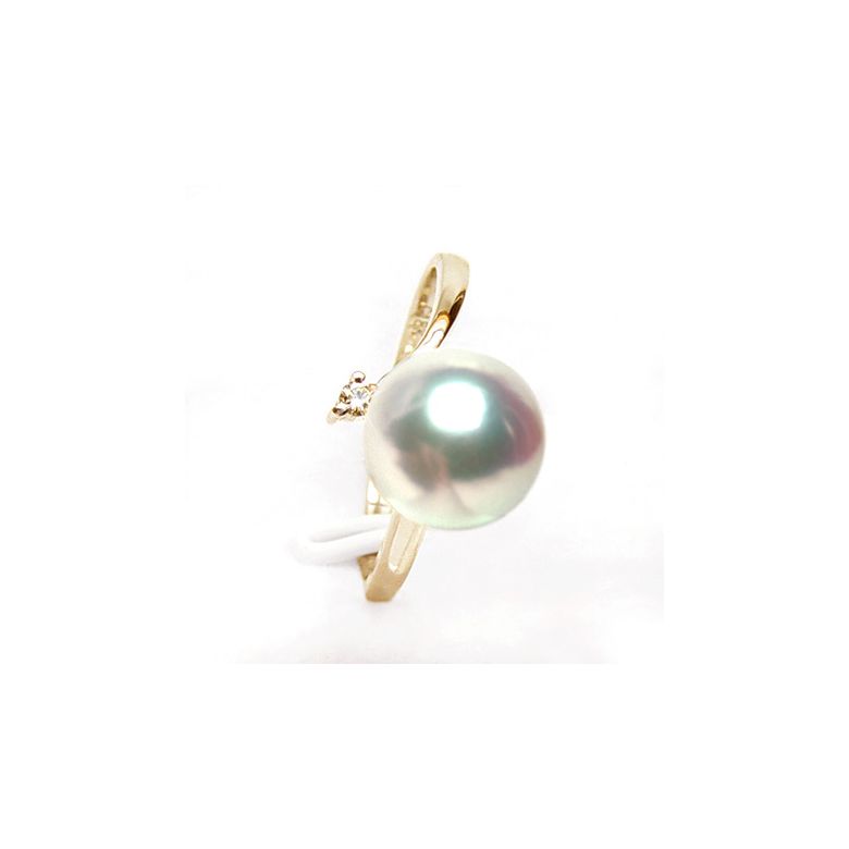 Bague or jaune - Perle Akoya blanche Japon - Diamants sertis 4 griffes  - 2
