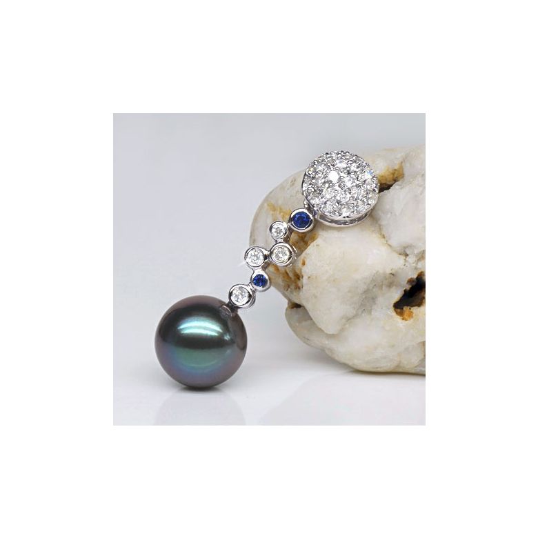 Pendentif boules - Perle de Tahiti - Or blanc, diamants, saphirs bleus - 2