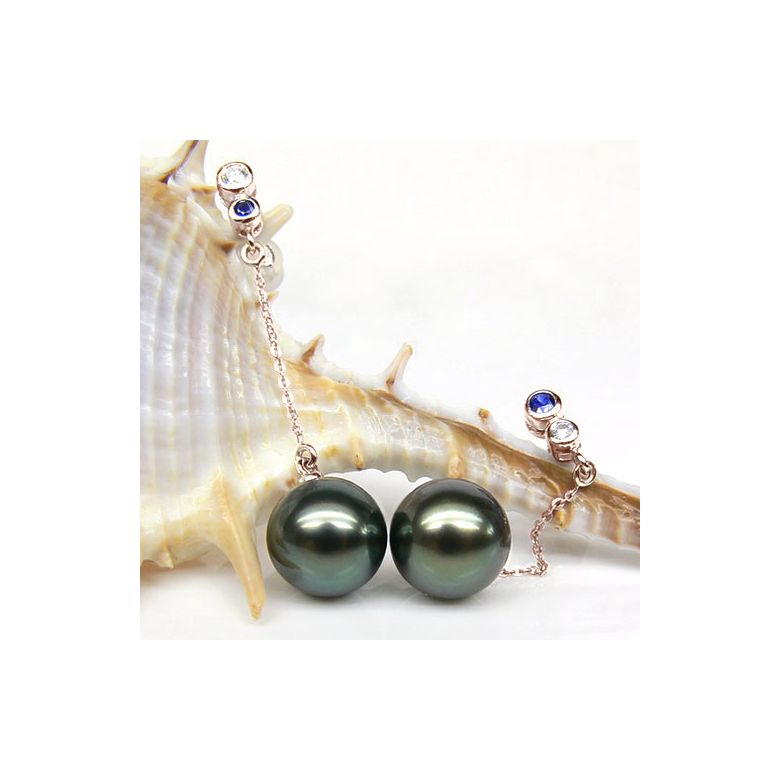 Boucles d'oreilles en or - Perles de Tahiti - Or rose, diamants, saphirs - 2